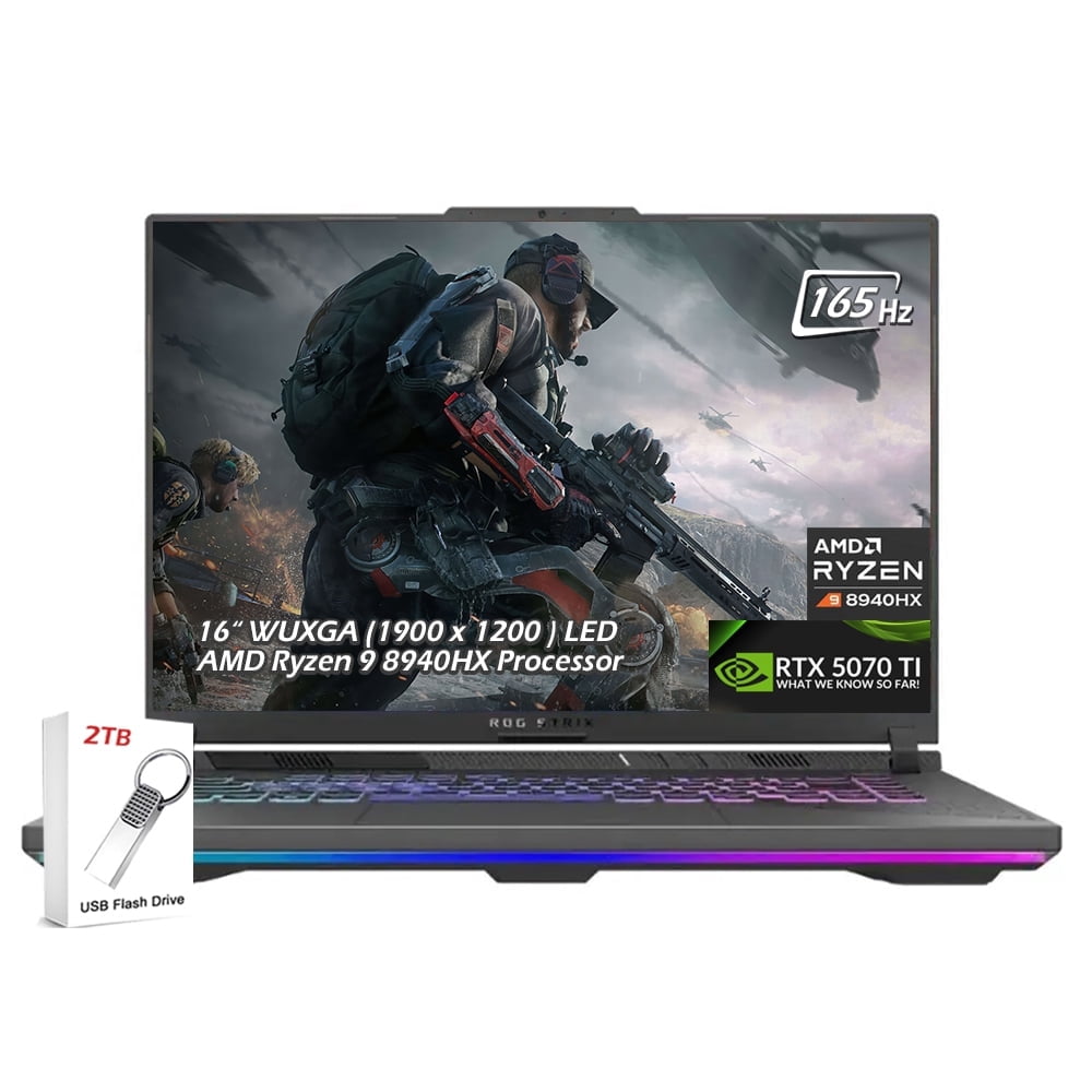 ASUS ROG Strix G16 Gaming Laptop 16" WUXGA LED IPS 165Hz 300nits Display, AMD Ryzen 9 8940HX, RTX 5070 Ti 12GB, 16GB DDR5 1TB SSD, Wi-Fi6E, Backlit KB, Windows 11, Eclipse Gray, w/2TB USB Drive
