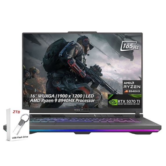 ASUS ROG Strix G16 Gaming Laptop 16" WUXGA LED IPS 165Hz 300nits Display, AMD Ryzen 9 8940HX, RTX 5070 Ti 12GB, 16GB DDR5 1TB SSD, Wi-Fi6E, Backlit KB, Windows 11, Eclipse Gray, w/2TB USB Drive