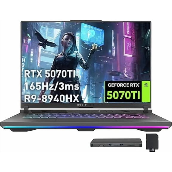 ASUS ROG Strix G16 Gaming Laptop, GeForce RTX 5070 Ti 12GB GDDR7, AMD Ryzen 9 8940HX, 32GB DDR5, 1TB PCIe SSD, Backlit Keyboard, 16" WUXGA 165Hz Display, Windows 11 Pro, Gray, 1TB Docking Station Set