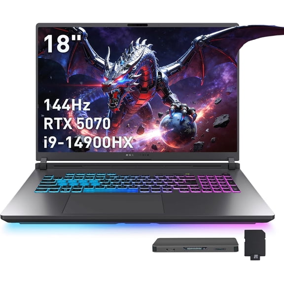 ASUS ROG Strix G18 18" 144Hz WUXGA Gaming Laptop, Intel i9-14900HX, GeForce RTX 5070, 32GB RAM, 2TB Storage (1TB SSD+1TB Dock Station), 4-Zone RGB Backlit Keyboard, FHD IR Camera, Win 11 Pro, Gray