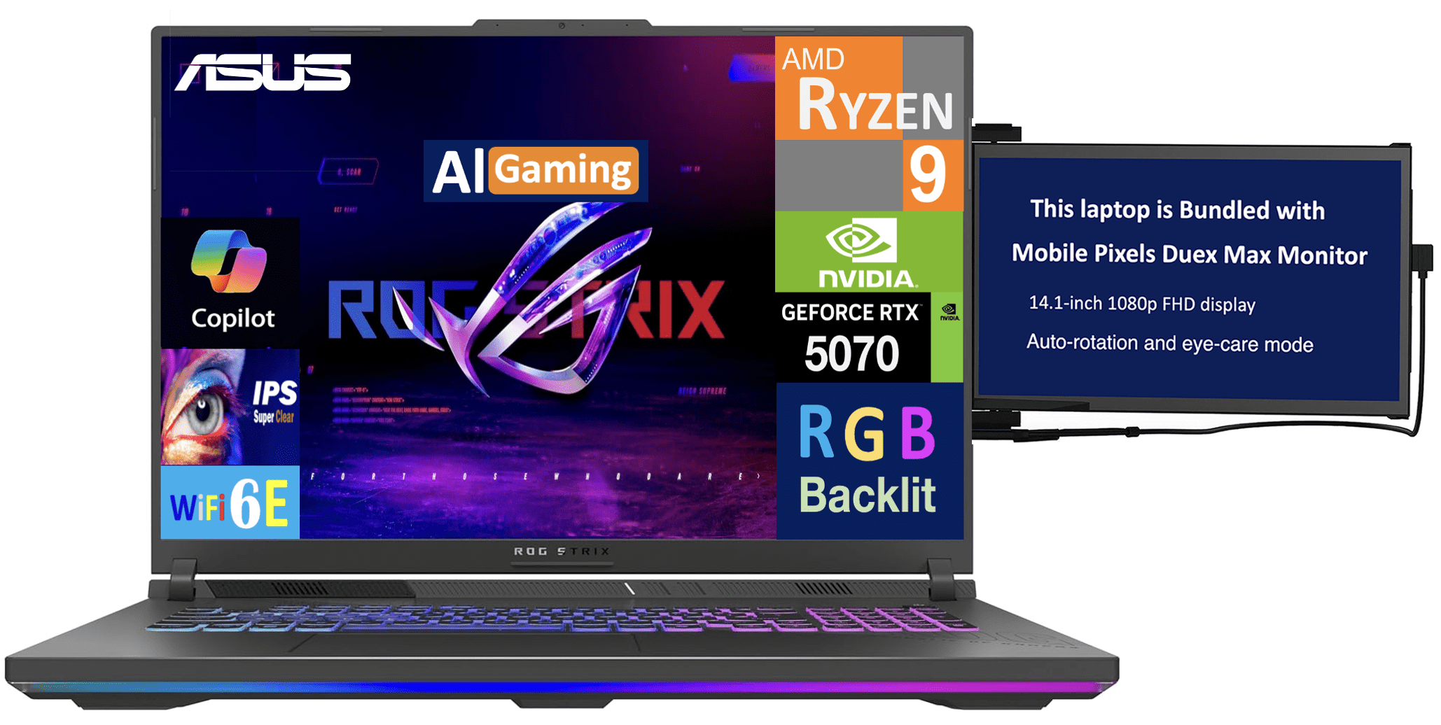 ASUS ROG Strix G18 Laptop 18in 240Hz WQXGA Display (AMD Ryzen 9 8940HX, NVIDIA GeForce RTX 5070 8GB, 16GB DDR5, 2TB PCIe SSD, RGB KB, WiFi 6E, Webcam, Bluetooth 5.4, Win 11 Pro) w/Duex Max DS Monitor
