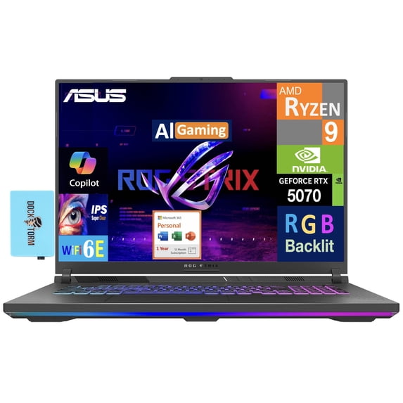 ASUS ROG Strix G18 Laptop 18in 240Hz WQXGA Display (AMD Ryzen 9 8940HX, NVIDIA GeForce RTX 5070 8GB, 64GB DDR5, 1TB PCIe SSD, RGB KB, Win 11 Pro) w/Microsoft 365 Personal , DKZ USB Port Expander