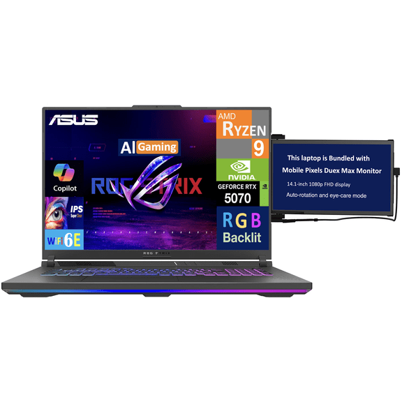 ASUS ROG Strix G18 Laptop 18in 240Hz WQXGA Display (AMD Ryzen 9 8940HX, NVIDIA GeForce RTX 5070 8GB, 64GB DDR5, 2TB PCIe SSD, RGB KB, WiFi 6E, Webcam, Bluetooth 5.4, Win 11 Pro) w/Duex Max DS Monitor