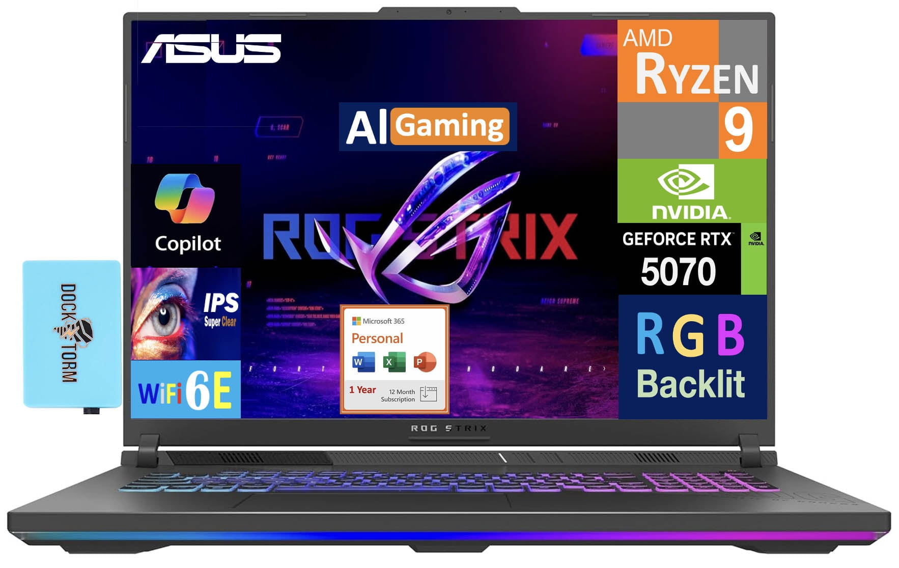ASUS ROG Strix G18 Laptop 18in 240Hz WQXGA Display (AMD Ryzen 9 8940HX, NVIDIA GeForce RTX 5070 8GB, 64GB DDR5, 8TB PCIe SSD, RGB KB, Win 11 Pro) w/Microsoft 365 Personal , DKZ USB Port Expander