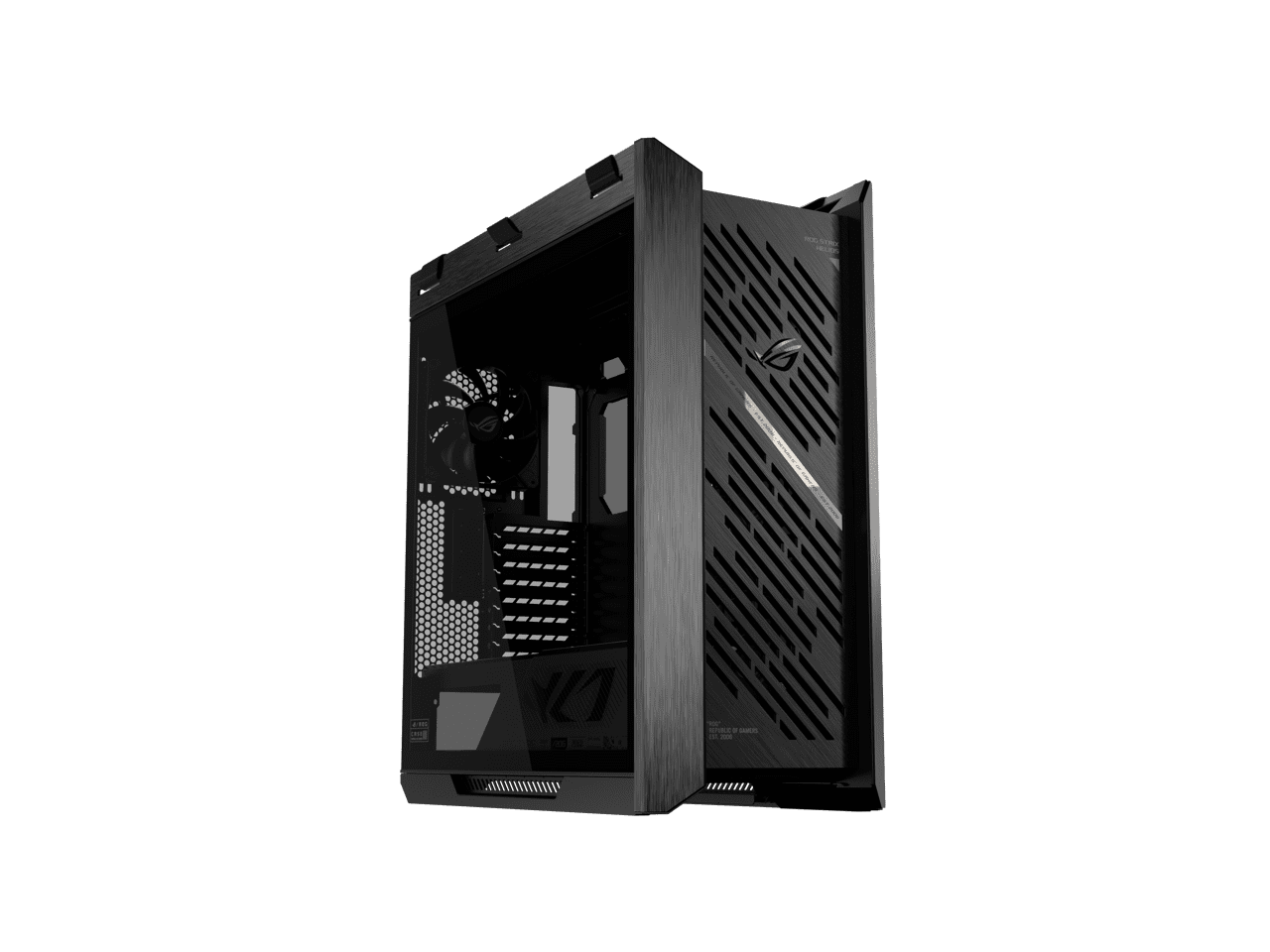 The ASUS ROG Strix Helios II is an EATX mid-tower gaming PC case featuring dual tempered glass panels and an aluminum diamond-grille design, four pre-installed fans for advanced cooling, and support