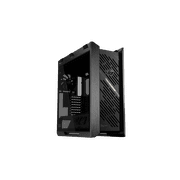 The ASUS ROG Strix Helios II is an EATX mid-tower gaming PC case featuring dual tempered glass panels and an aluminum diamond-grille design, four pre-installed fans for advanced cooling, and support