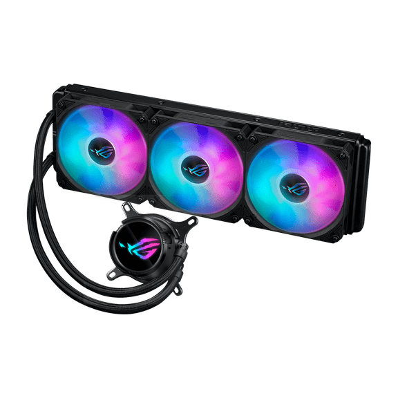 ASUS ROG Strix LC III 360 ARGB all-in-one CPU liquid cooler with 360 rotatable water block, Aseteks new Gen7 v2 pump, premium ROG ARGB fans, and 10+ custom Aura lighting effects