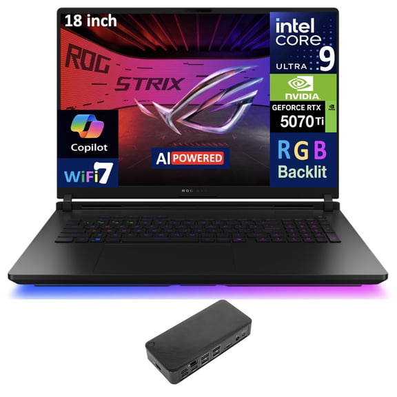 ASUS ROG Strix SCAR AI Gaming Laptop 18in 240Hz Mini LED WQXGA Display (Intel Ultra 9- 275HX, NVIDIA GeForce RTX 5070 Ti 12GB, 64GB DDR5, 2TB PCIe SSD, Per Key RGB KB, Win 11 Pro) w/USB-C Dock