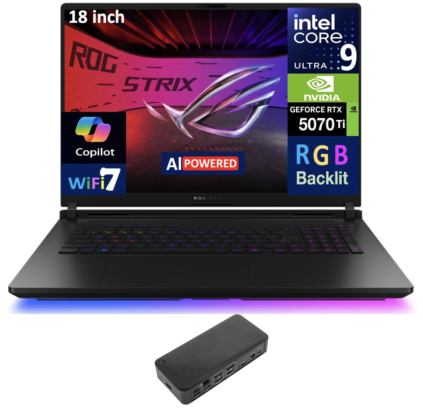 ASUS ROG Strix SCAR AI Gaming Laptop 18in 240Hz Mini LED WQXGA Display (Intel Ultra 9- 275HX, NVIDIA GeForce RTX 5070 Ti 12GB, 64GB DDR5, 4TB PCIe SSD, Per Key RGB KB, Win 11 Pro) w/USB-C Dock
