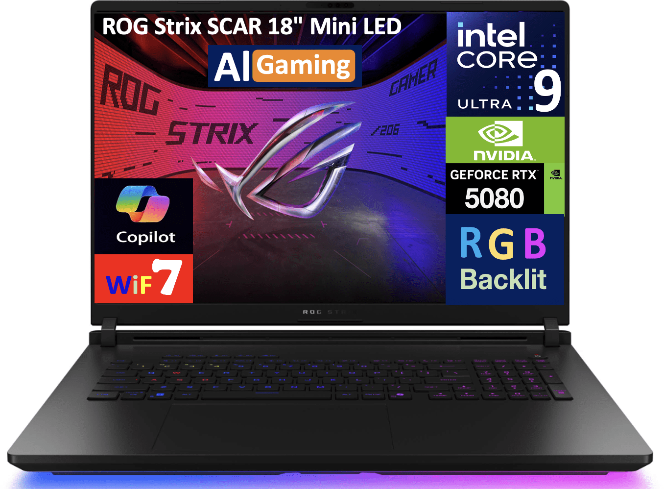ASUS ROG Strix SCAR AI Gaming Laptop 18in 240Hz Mini LED WQXGA Display (Intel Ultra 9- 275HX, NVIDIA GeForce RTX 5080 16GB, 32GB DDR5, 2TB SSD, RGB KB, 2 Thunderbolt 5, WiFi 7, Webcam, Win 11 Pro)