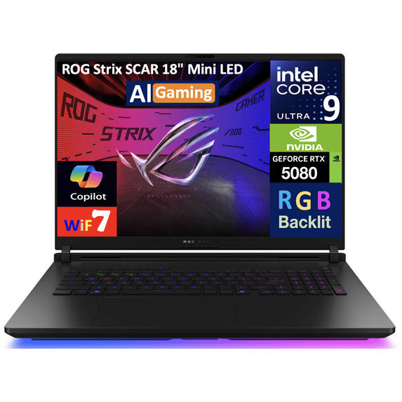 ASUS ROG Strix SCAR AI Gaming Laptop 18in 240Hz Mini LED WQXGA Display (Intel Ultra 9- 275HX, NVIDIA GeForce RTX 5080 16GB, 32GB DDR5, 2TB SSD, RGB KB, 2 Thunderbolt 5, WiFi 7, Webcam, Win 11 Pro)