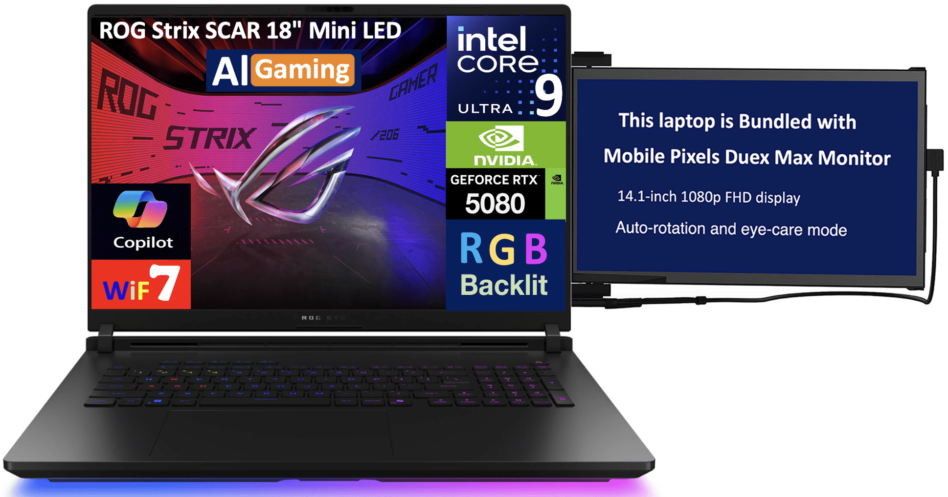 ASUS ROG Strix SCAR AI Gaming Laptop 18in 240Hz Mini LED WQXGA Display (Intel Ultra 9- 275HX, NVIDIA GeForce RTX 5080 16GB, 32GB DDR5, 2x8TB PCIe SSD (16TB), RGB KB, Win 11 Pro) w/Duex Max DS Monitor