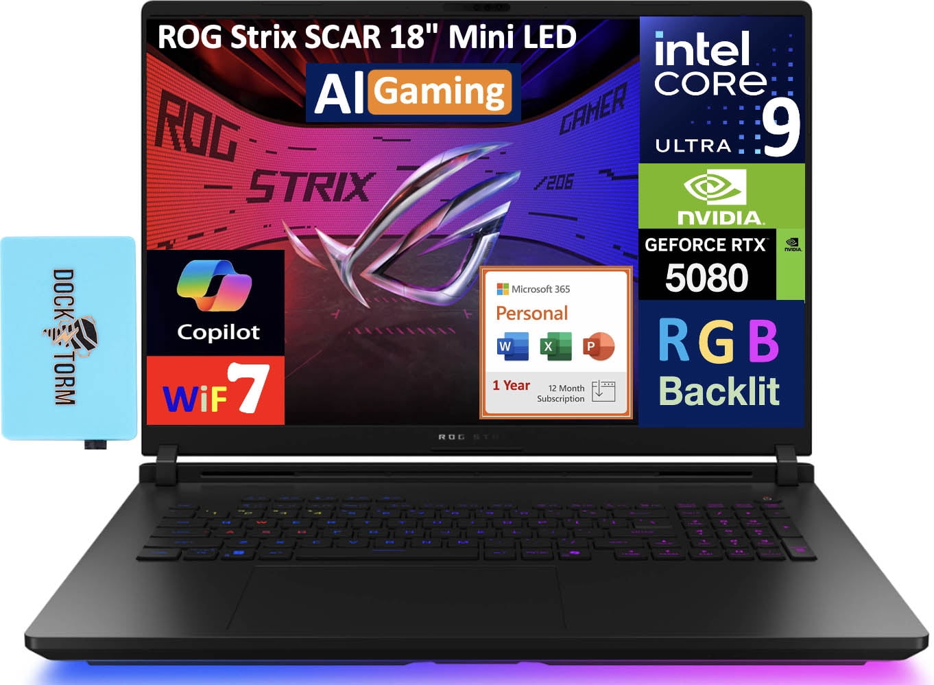 ASUS ROG Strix SCAR AI Gaming Laptop 18in 240Hz Mini LED WQXGA Display (Intel Ultra 9- 275HX, NVIDIA GeForce RTX 5080 16GB, 32GB DDR5, Win 11 Pro) w/Microsoft 365 Personal , DKZ USB Port Expander