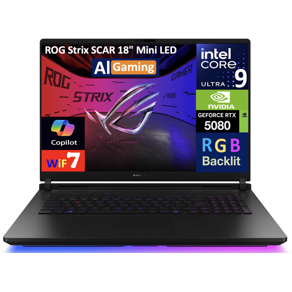ASUS ROG Strix SCAR AI Gaming Laptop 18in 240Hz Mini LED WQXGA Display (Intel Ultra 9- 275HX, NVIDIA GeForce RTX 5080 16GB, 64GB DDR5, 2x8TB PCIe SSD (16TB), RGB KB, 2 Thunderbolt 5, Win 11 Pro)