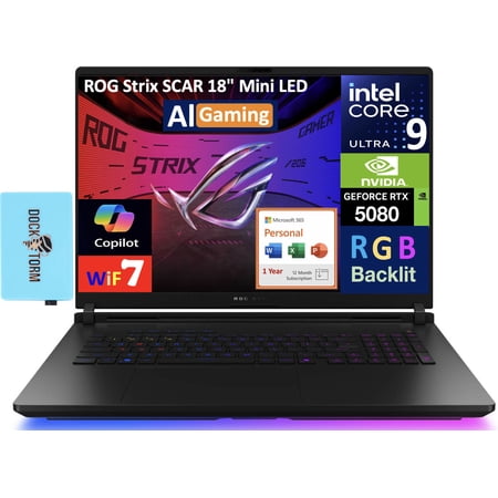 ASUS ROG Strix SCAR AI Gaming Laptop 18in 240Hz Mini LED WQXGA Display (Intel Ultra 9- 275HX, NVIDIA GeForce RTX 5080 16GB, 64GB DDR5, Win 11 Pro) w/Microsoft 365 Personal , DKZ USB Port Expander