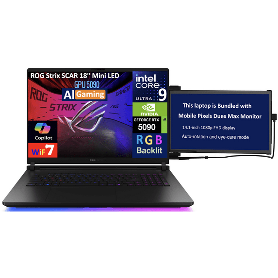 ASUS ROG Strix SCAR AI Gaming Laptop 18in 240Hz Mini LED WQXGA Display (Intel Ultra 9- 275HX, NVIDIA GeForce RTX 5090 24GB, 32GB DDR5, 2x2TB PCIe SSD (4TB), RGB KB, Win 11 Pro) w/Duex Max DS Monitor