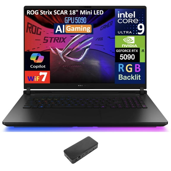ASUS ROG Strix SCAR AI Gaming Laptop 18in 240Hz Mini LED WQXGA Display (Intel Ultra 9- 275HX, NVIDIA GeForce RTX 5090 24GB, 32GB DDR5, 2x4TB PCIe SSD (8TB), RGB KB, Win 11 Pro) w/USB-C Dock