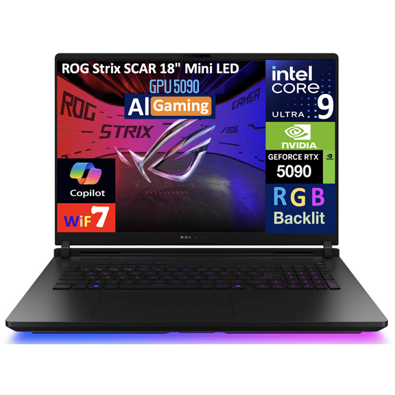ASUS ROG Strix SCAR AI Gaming Laptop 18in 240Hz Mini LED WQXGA Display (Intel Ultra 9- 275HX, NVIDIA GeForce RTX 5090 24GB, 32GB DDR5, 2x8TB PCIe SSD (16TB), RGB KB, 2 Thunderbolt 5, Win 11 Pro)