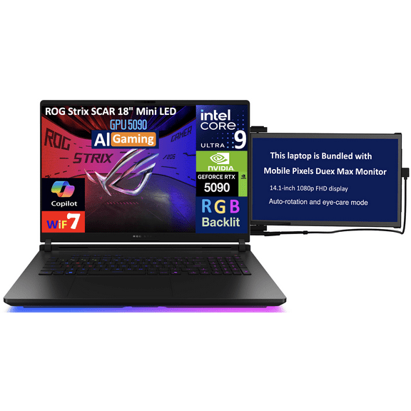 ASUS ROG Strix SCAR AI Gaming Laptop 18in 240Hz Mini LED WQXGA Display (Intel Ultra 9- 275HX, NVIDIA GeForce RTX 5090 24GB, 32GB DDR5, 4TB PCIe SSD, RGB KB, Win 11 Pro) w/Duex Max DS Monitor