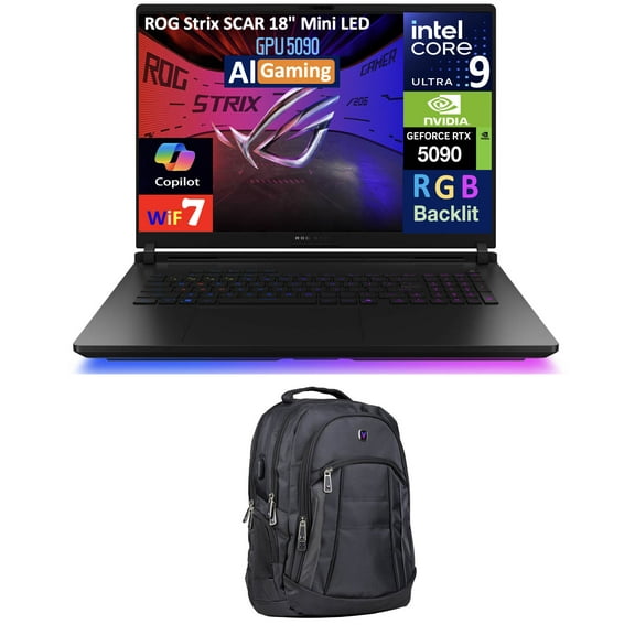 ASUS ROG Strix SCAR AI Gaming Laptop 18in 240Hz Mini LED WQXGA Display (Intel Ultra 9- 275HX, NVIDIA GeForce RTX 5090 24GB, 64GB DDR5, 2x4TB PCIe SSD (8TB), RGB KB, Win 11 Pro) w/Premium Backpack