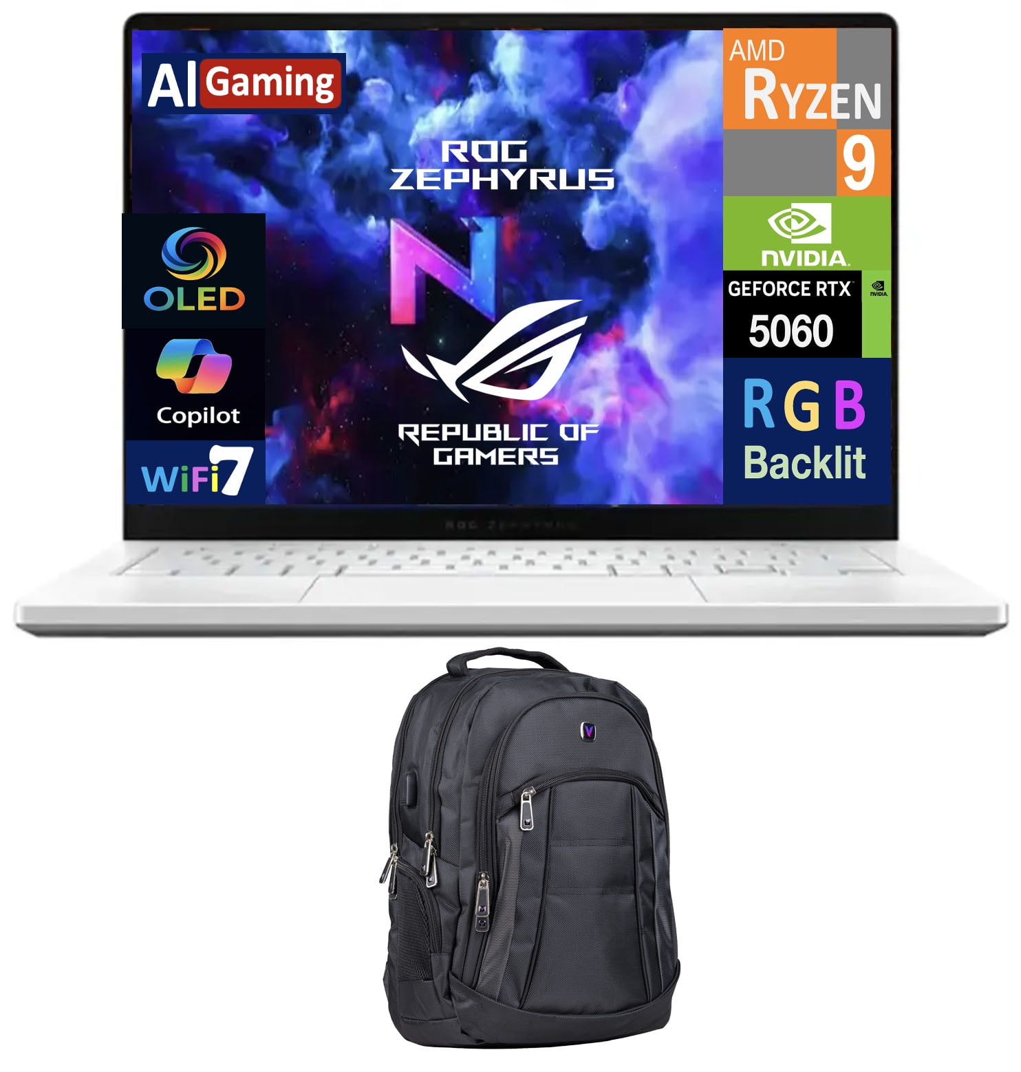 ASUS ROG Zephyrus AI Gaming Laptop 14.0in 120Hz OLED 2.8K Display (AMD Ryzen 9 270, RTX 5060 8GB, 16GB LPDDR5X, 1TB PCIe SSD, RGB KB, WiFi 7, Webcam, Win 11 Pro) w/Premium Backpack