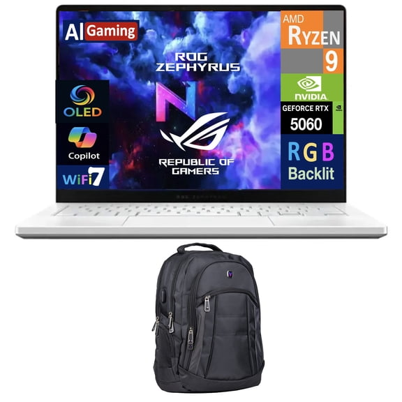 ASUS ROG Zephyrus AI Gaming Laptop 14.0in 120Hz OLED 2.8K Display (AMD Ryzen 9 270, RTX 5060 8GB, 16GB LPDDR5X, 2TB PCIe SSD, RGB KB, WiFi 7, Webcam, Win 11 Home) w/Premium Backpack