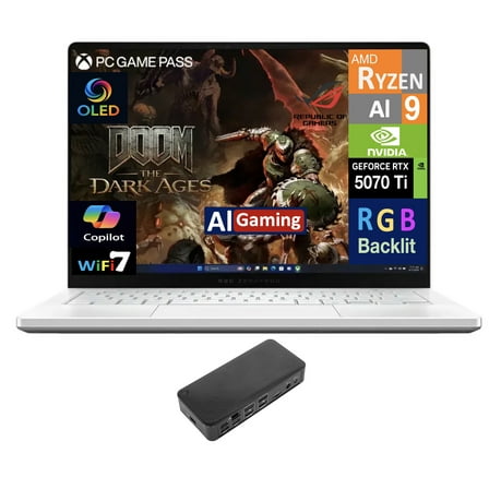 ASUS ROG Zephyrus AI Gaming Laptop 14.0in 120Hz OLED 2.8K Display (AMD Ryzen AI 9 HX 370, NVIDIA GeForce RTX 5070 Ti 12GB, 32GB LPDDR5X, 1TB PCIe SSD, RGB KB, WiFi 7, Webcam, Win 11 Pro) w/USB-C Dock