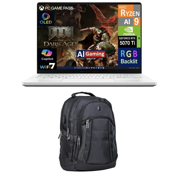 ASUS ROG Zephyrus AI Gaming Laptop 14.0in 120Hz OLED 2.8K Display (AMD Ryzen AI 9 HX 370, NVIDIA GeForce RTX 5070 Ti 12GB, 32GB LPDDR5X, 2TB PCIe SSD, RGB KB, WiFi 7, Win 11 Pro) w/Premium Backpack