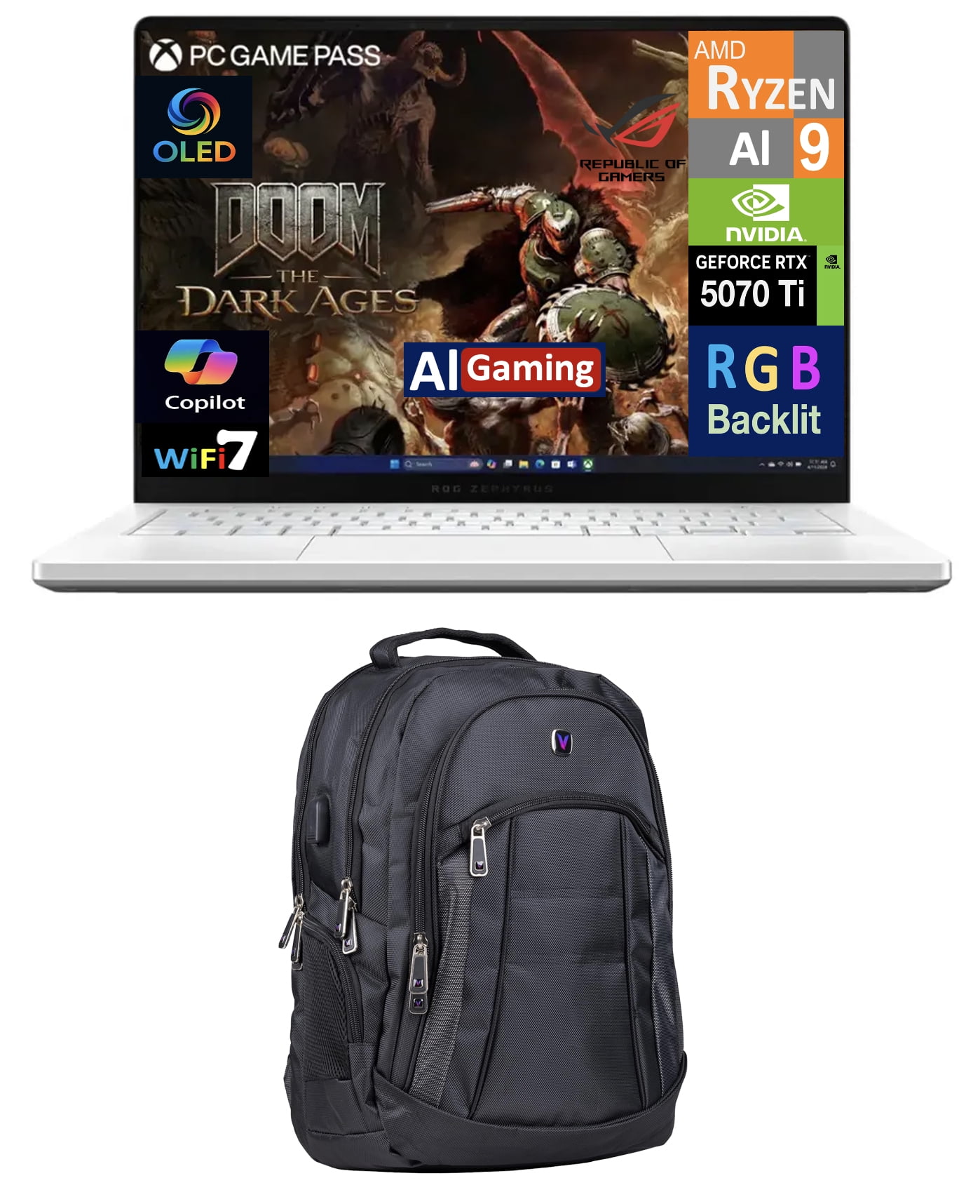 ASUS ROG Zephyrus AI Gaming Laptop 14.0in 120Hz OLED 2.8K Display (AMD Ryzen AI 9 HX 370, NVIDIA GeForce RTX 5070 Ti 12GB, 32GB LPDDR5X, 4TB PCIe SSD, RGB KB, WiFi 7, Win 11 Pro) w/Premium Backpack
