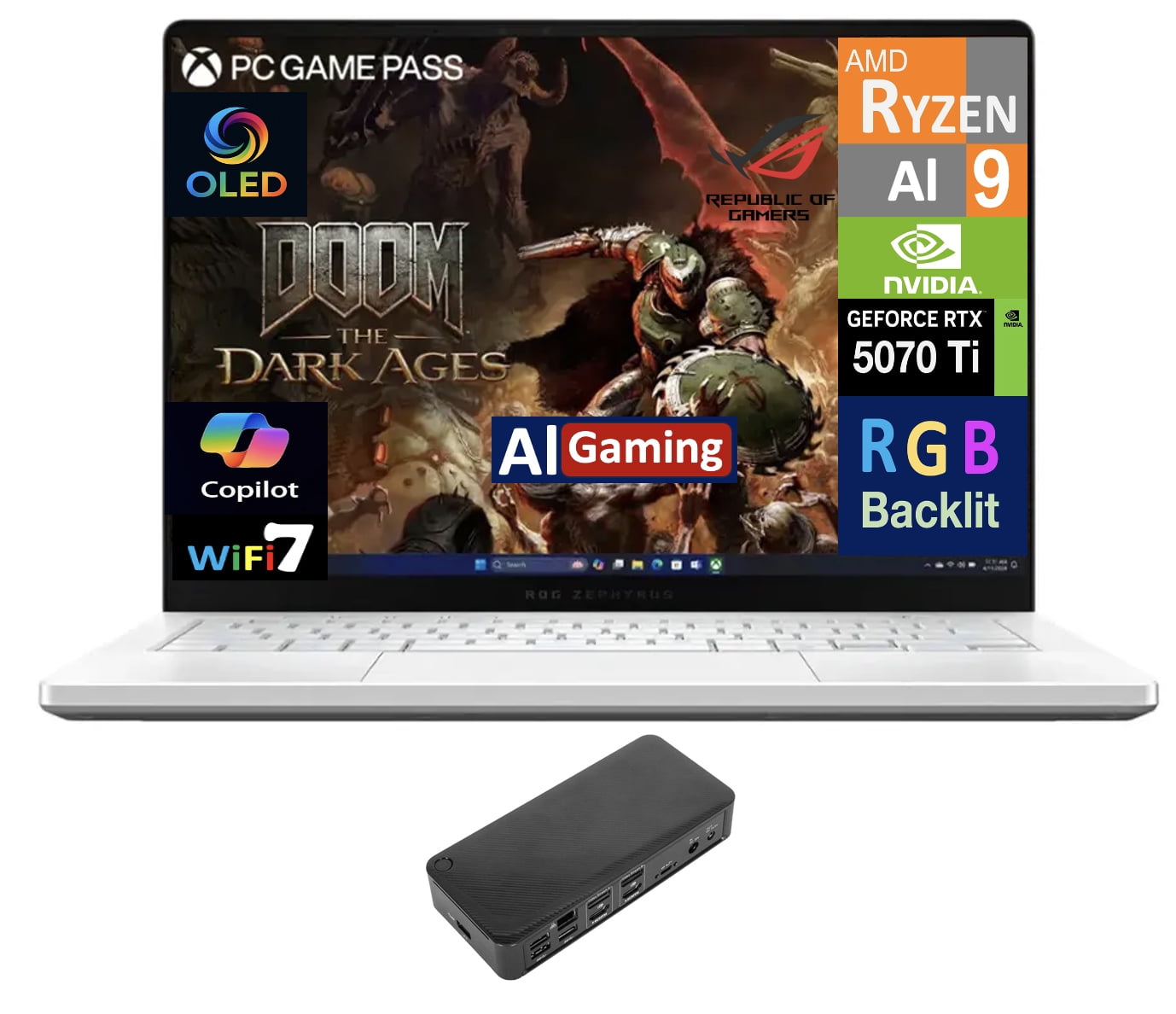 ASUS ROG Zephyrus AI Gaming Laptop 14.0in 120Hz OLED 2.8K Display (AMD Ryzen AI 9 HX 370, NVIDIA GeForce RTX 5070 Ti 12GB, 32GB LPDDR5X, 4TB PCIe SSD, RGB KB, WiFi 7, Webcam, Win 11 Pro) w/USB-C Dock