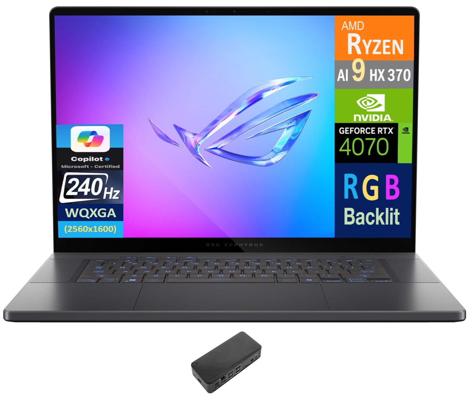 ASUS ROG Zephyrus G16 Gaming Laptop 16.0in 240Hz OLED WQXGA Display (AMD Ryzen AI 9 HX 370, GeForce RTX 4070 8GB, 32GB LPDDR5X, 2x512GB PCIe SSD (1TB), RGB KB, WiFi 7, Webcam, Win 11 Pro) w/USB-C Dock