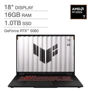 ASUS TUF 18" Gaming Laptop, AMD Ryzen 7 260, 16GB RAM, 1TB SSD, NVIDIA GeForce RTX 5060 8GB, FHD+ 144Hz Display, Windows 11 Home, Gray, FA808UM-IS74