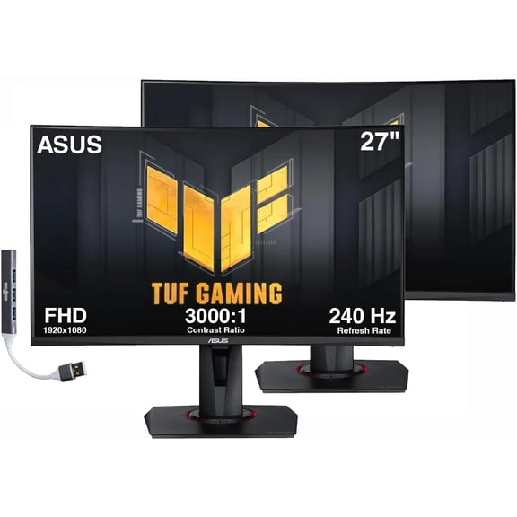 ASUS TUF 27" FHD VA Gaming Monitor with 1ms Response Time, Adaptive-sync, AMD FreeSync Premium, 240Hz, VESA Mount (100mm), HDMI, Displayport & Dockztorm USB Port Expander, Black (VG27VQMY) 2Pack