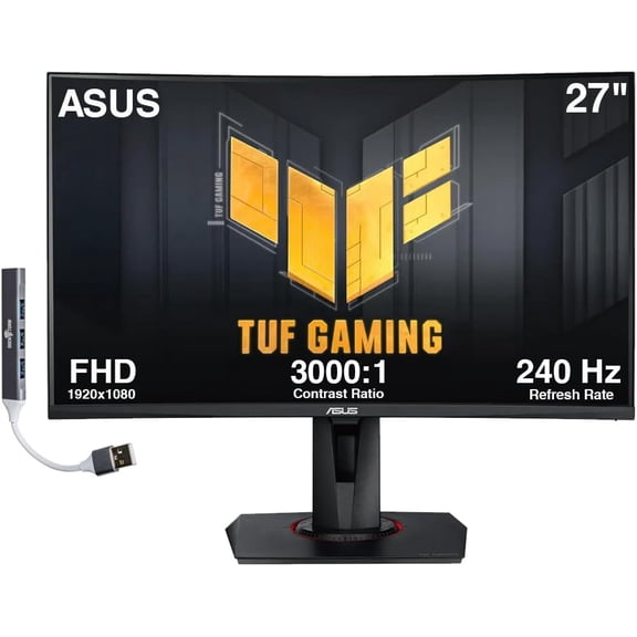 ASUS TUF 27" FHD VA Gaming Monitor with 1ms Response Time, Adaptive-sync, AMD FreeSync Premium, 240Hz, VESA Mount (100mm), HDMI, Displayport & Dockztorm USB Port Expander, Black (VG27VQMY)