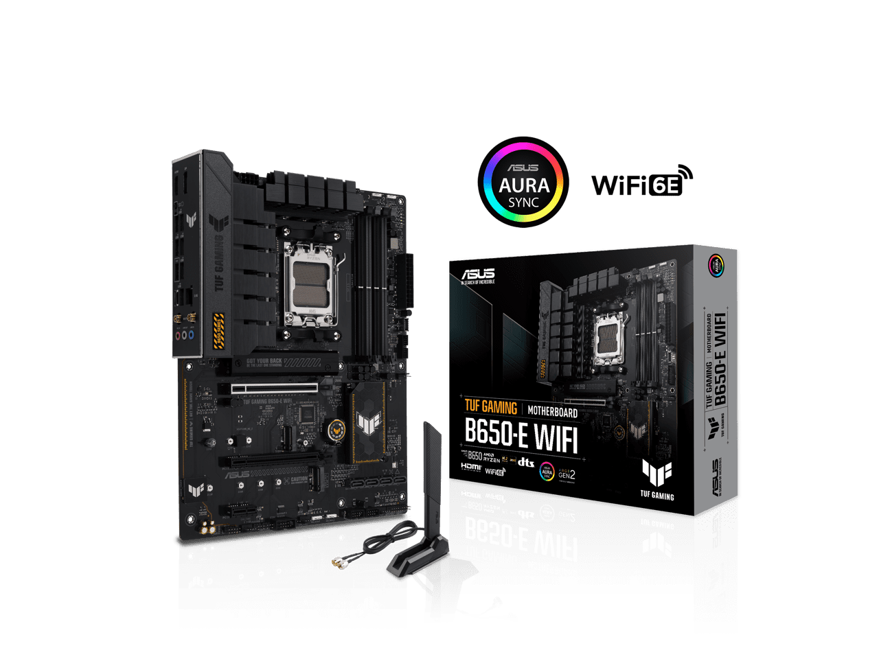 ASUS TUF GAMING B650-E WIFI AMD B650 AM5 ATX motherboard, DDR5, 8+2 teamed power stages, PCIe 5.0, a PCIe 5.0 M.2 slot, Realtek 2.5 Gb Ethernet, Wi-Fi 6E, HDMI, DisplayPort, front USB 20Gbps Type-C