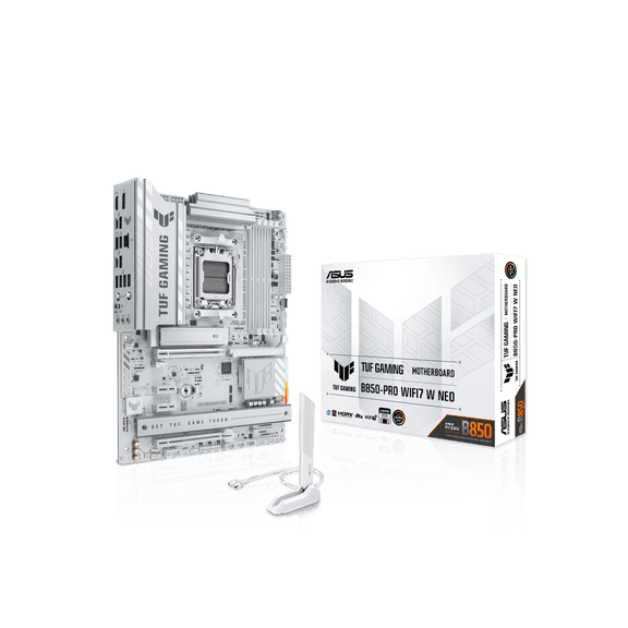 ASUS TUF GAMING B850-PRO WIFI7 W NEO AMD ATX motherboard, 14+2+1 power stages, DDR5 with AEMP, three M.2 slots, PCIe 5.0 for next-gen GPUs, 2.5Gb Ethernet, 64MB BIOS and AI Cooling II.