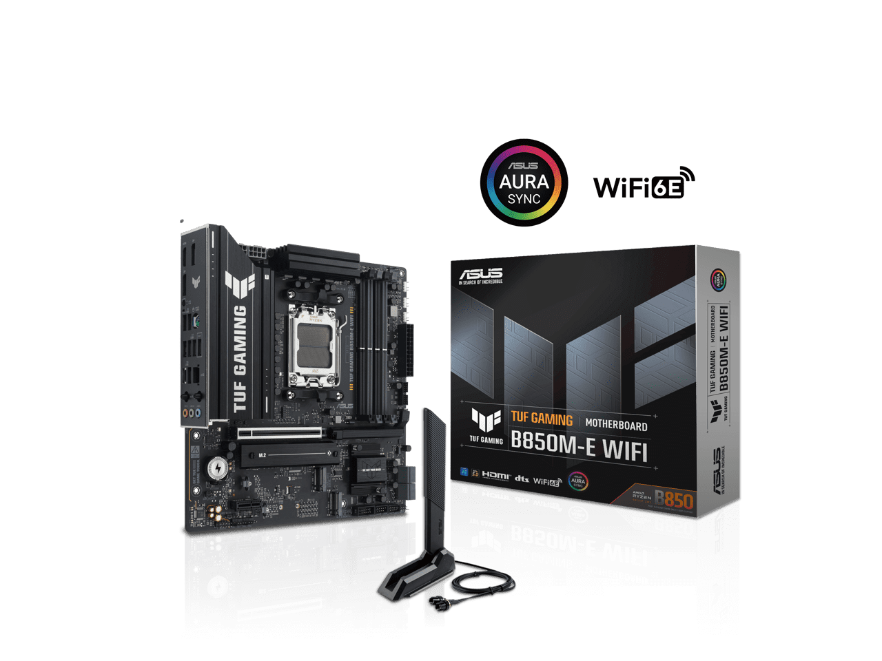 ASUS TUF GAMING B850M-E WIFI AMD B850 mATX motherboard, 8+2+1 80A DrMOS power stages, DDR5, PCIe 5.0, three M.2 slots, WiFi 6E, 2.5Gb Ethernet, DisplayPort, HDMI, rear USB-C 10Gbps and front USB-C 5Gb