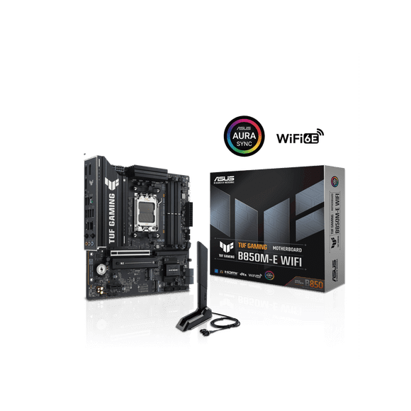 ASUS TUF GAMING B850M-E WIFI AMD B850 mATX motherboard, 8+2+1 80A DrMOS power stages, DDR5, PCIe 5.0, three M.2 slots, WiFi 6E, 2.5Gb Ethernet, DisplayPort, HDMI, rear USB-C 10Gbps and front USB-C 5Gb