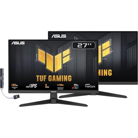 ASUS TUF Gaming 27” FHD IPS Monitor with 1ms Response Time, 180Hz Refresh Rate, Anti Glare, Flicker Free, VESA Mount (100mm), Displayport, HDMI & Dockztorm USB Port Expander, Black (VG279Q3A) 2 Pack
