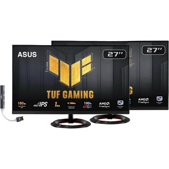 ASUS TUF Gaming 27" FHD IPS Monitor with 1ms Response Time, Anti-Glare, Flicker Free, AMD FreeSync, 180Hz Refresh Rate, Displayport, HDMI & Dockztorm USB Port Expander, Black Color (VG279Q3R) 2 Pack