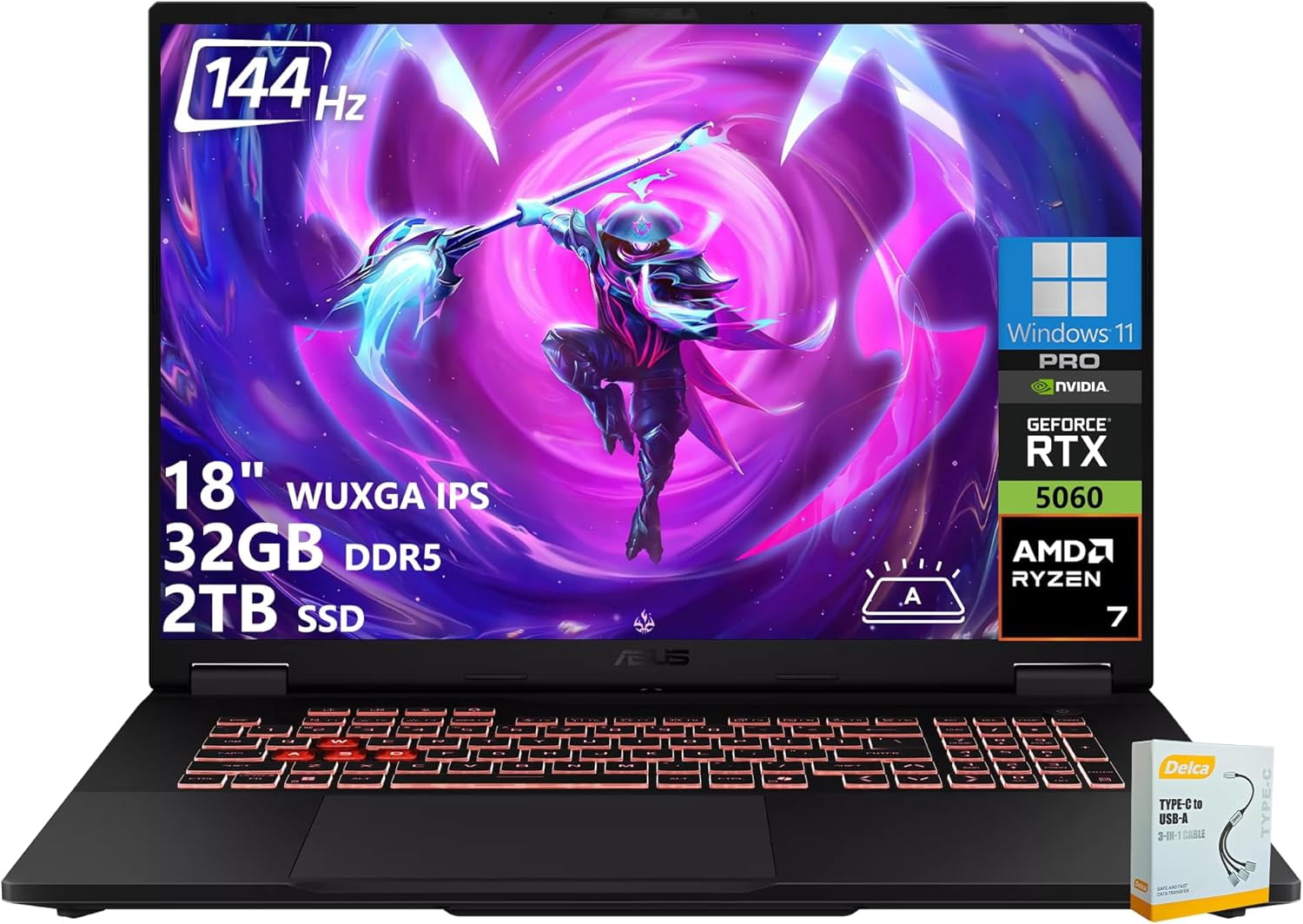 ASUS TUF Gaming A18 Gaming Laptop | 18" WUXGA IPS 144Hz | AMD 8-Core Ryzen 7 260 | 32GB DDR5 2TB SSD | NVIDIA GeForce RTX 5060 (572 AI Tops) | Backlit Keyboard USB 4 Win11 Pro w/DLCA Accessory