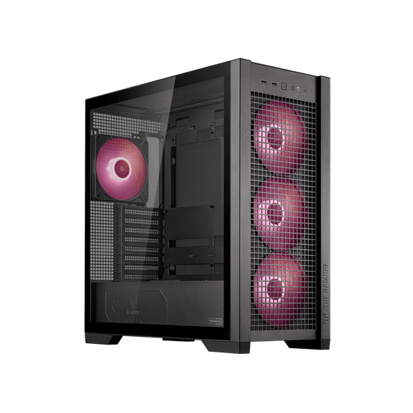ASUS TUF Gaming GT302 ARGB ATX Mid-Tower Case Four 140 x 28 mm ARGB fans for high airflow and static pressure, interchangeable side panel, detachable top panel, hidden-connector motherboard support