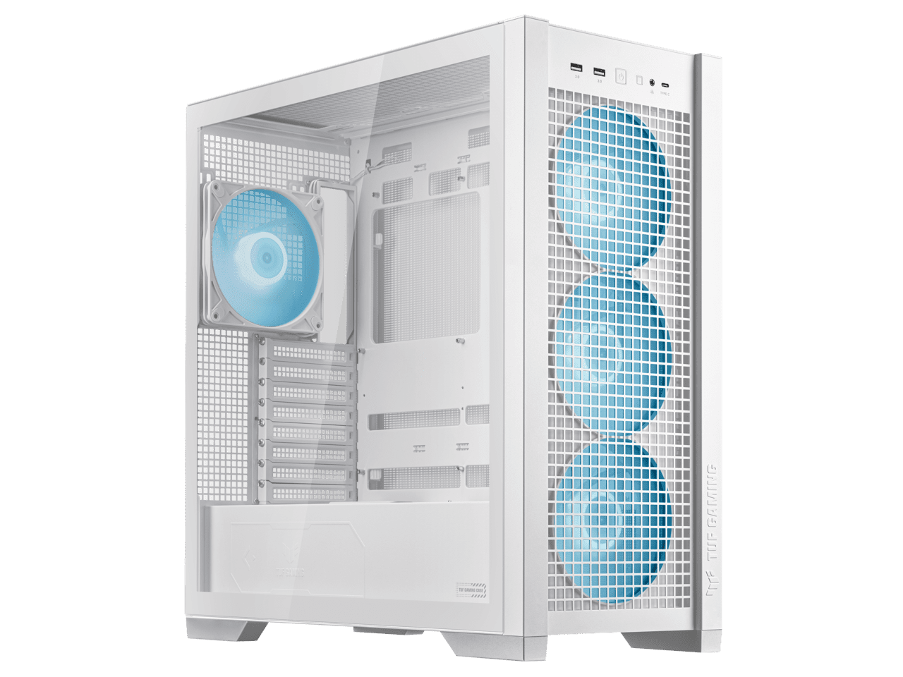 ASUS TUF Gaming GT302 ARGB White Edition ATX Mid-Tower Case Four 140 x 28 mm ARGB fans for high airflow and static pressure, interchangeable side panel, hidden-connector motherboard support