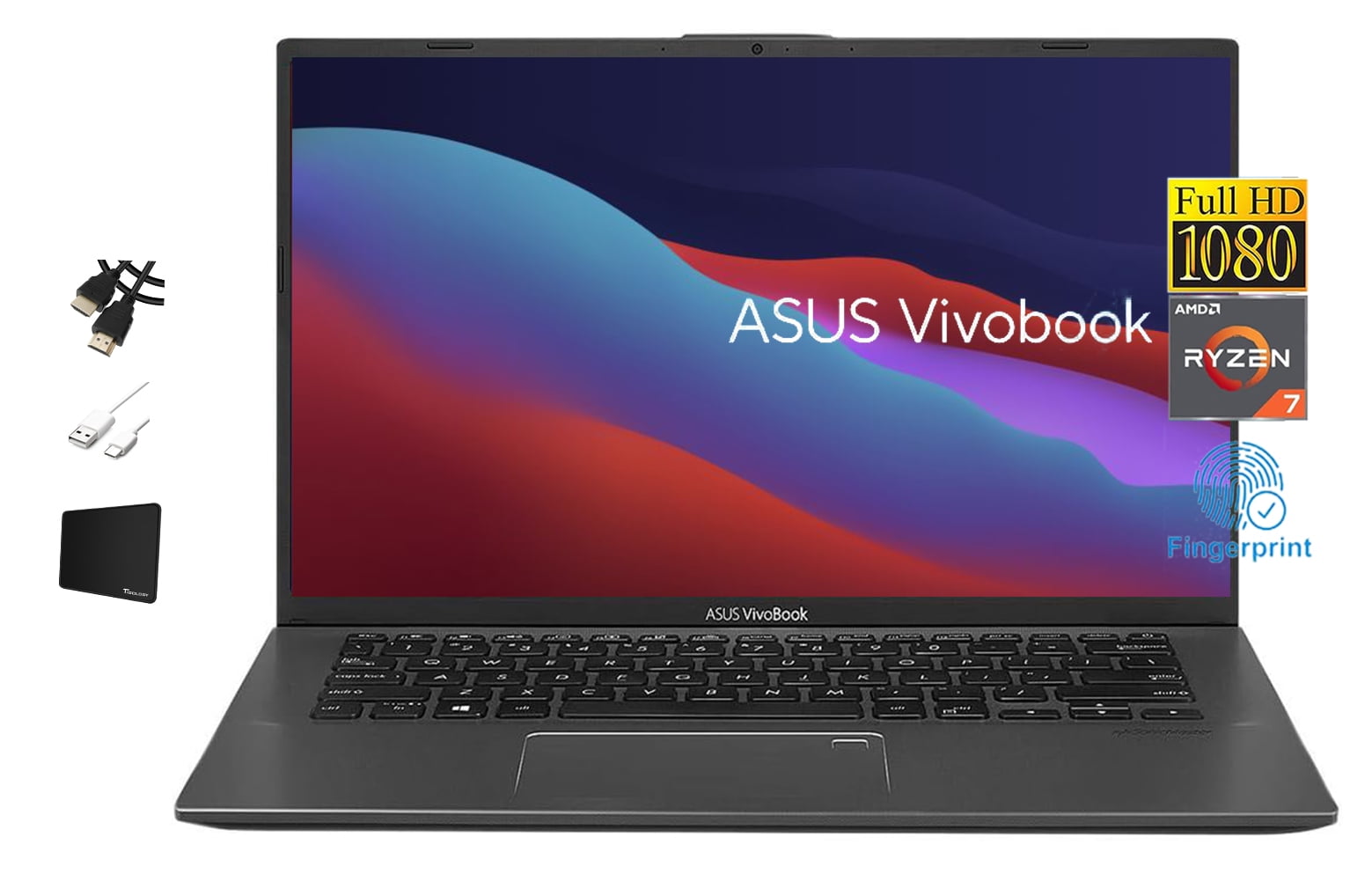 ASUS VivoBook 14'' FHD Laptop, AMD 2-Core Ryzen7 3700U, 8GB DDR4 RAM, 512GB NVMe SSD, AMD Radeon RX Vega 10 Graphics, Backlit Keyboard, WIFI, HDMI, Fingerprint, Windows 10, Gray + Tigology Accessories