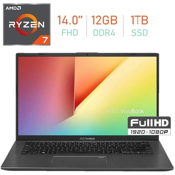 ASUS VivoBook 14-inch FHD (1920x1080) Laptop PC, AMD Ryzen 7 3700U up to 4.0GHz, 12GB DDR4, 1TB SSD, Bluetooth, Backlit Keyboard, Fingerprint Reader Windows 10 Home with Mazepoly Mousepad