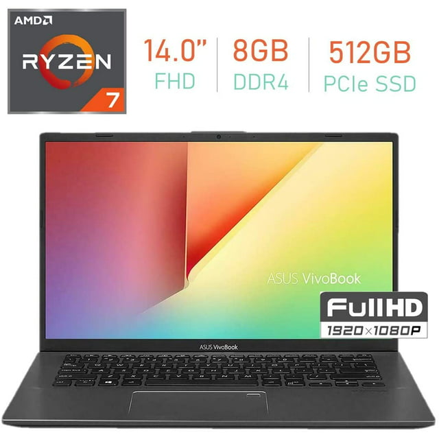 ASUS VivoBook 14-inch FHD (1920x1080) Laptop PC, AMD Ryzen 7 3700U up to 4.0GHz, 8GB DDR4, 512GB PCIe SSD, Bluetooth, Backlit Keyboard, Fingerprint Reader Windows 10 Home w/Mazepoly Mousepad