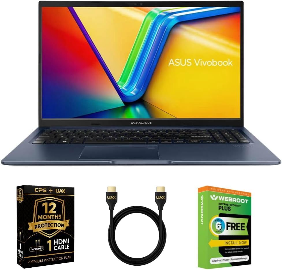 ASUS VivoBook, 15.6 FHD Laptop, AMD Ryzen 5-7430U, 8GB RAM, 512GB SSD, Lightweight, Fingerprint Sensor, HD Webcam, Bundle w/AUX HDMI Cable, 12 Month CPS Protection, 6 Month Webroot Anti-Virus