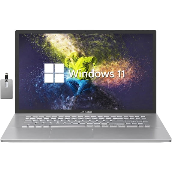 ASUS VivoBook 17 17.3" FHD Laptop, Intel Core i3-1115G4 Processor, 12GB DDR4, 512GB PCIe SSD, Intel HD Graphics, Bluetooth, Windows 11, Transparent Silver, Hotface 32GB USB Card