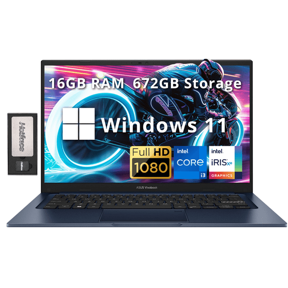 ASUS Vivobook 14" FHD Anti-glare Laptop, Intel i3-1215U, 16GB RAM, 512GB SSD, Intel Iris Xe Graphics, HD Camera, WiFi 6E, Bluetooth, Win 11, Quiet Blue,128GB Docking Station Set