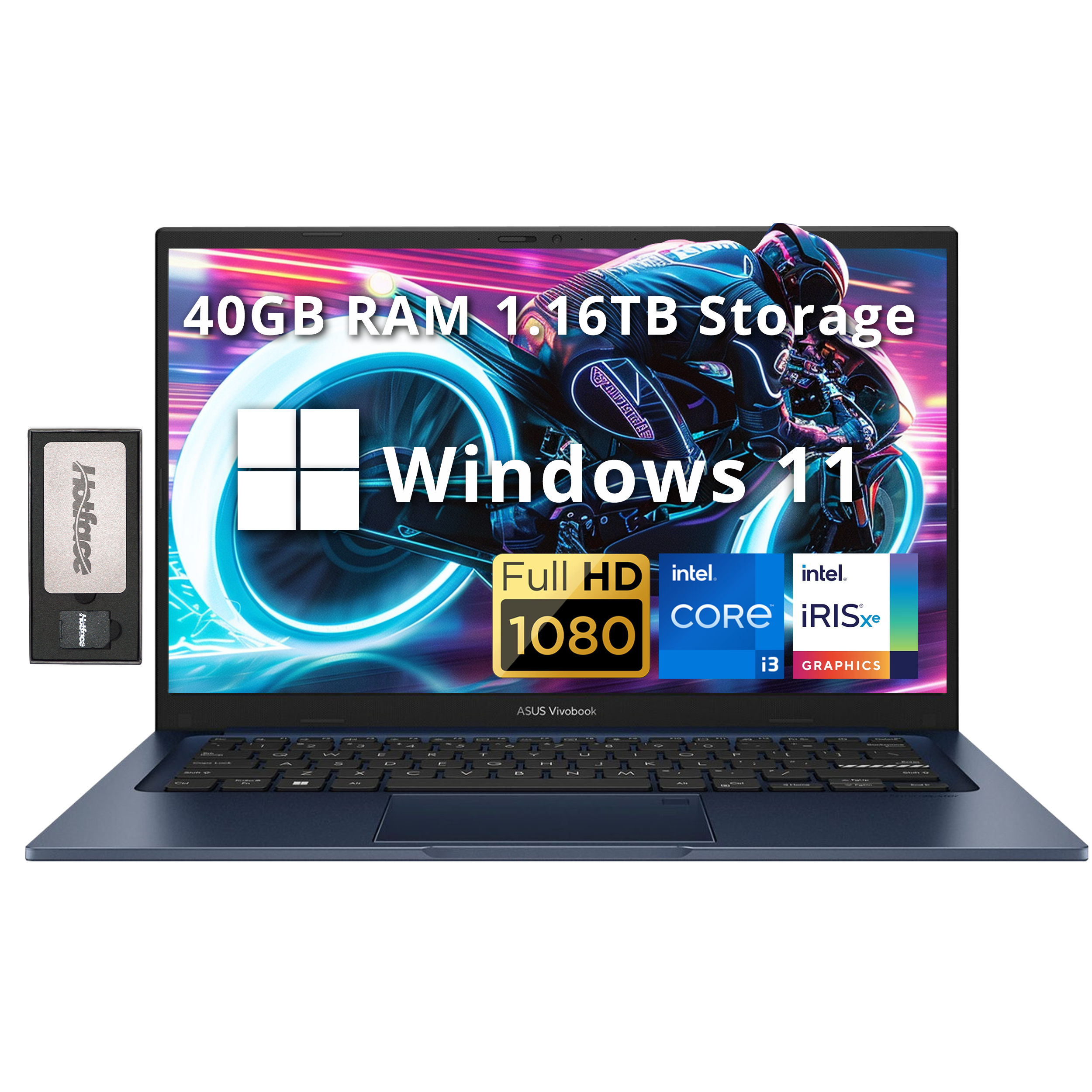 ASUS Vivobook 14" FHD Anti-glare Laptop, Intel i3-1215U, 40GB RAM, 1TB SSD, Intel Iris Xe Graphics, HD Camera, WiFi 6E, Bluetooth, Win 11, Quiet Blue,128GB Docking Station Set